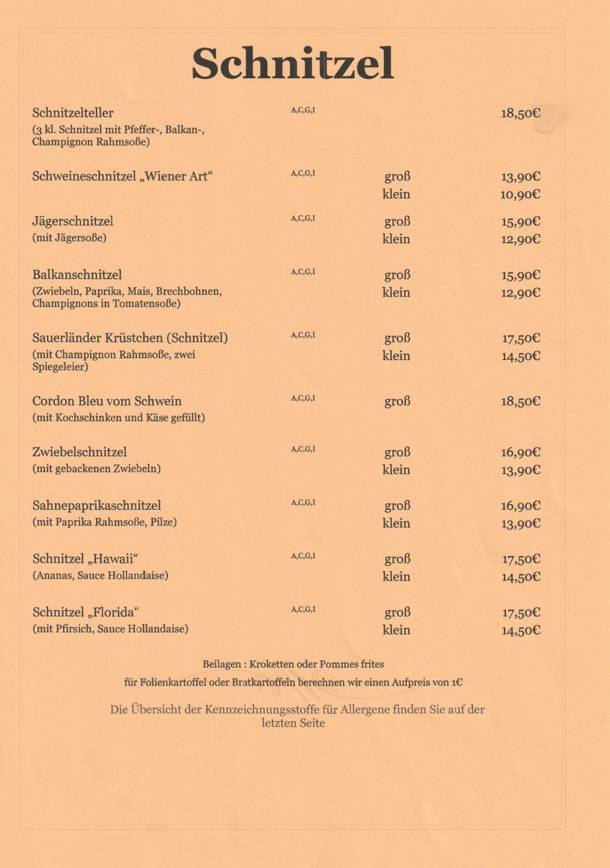 Restaurant bei Manni Bedburg - Speisekarte deutsche Küche Seite 5 - Traditionelle Gerichte Rhein-Erft-Kreis