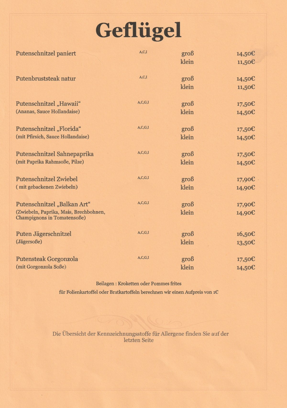 Restaurant bei Manni Bedburg - Speisekarte deutsche Küche Seite 6 - Traditionelle Gerichte Rhein-Erft-Kreis