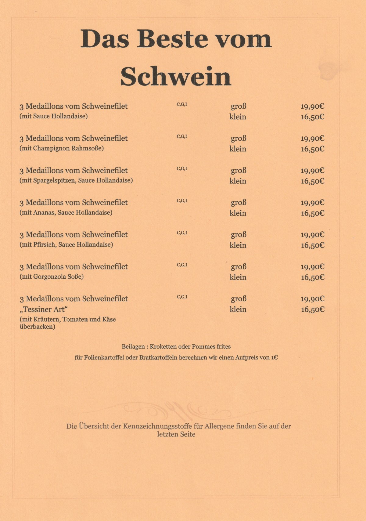 Restaurant bei Manni Bedburg - Speisekarte deutsche Küche Seite 9 - Traditionelle Gerichte Rhein-Erft-Kreis